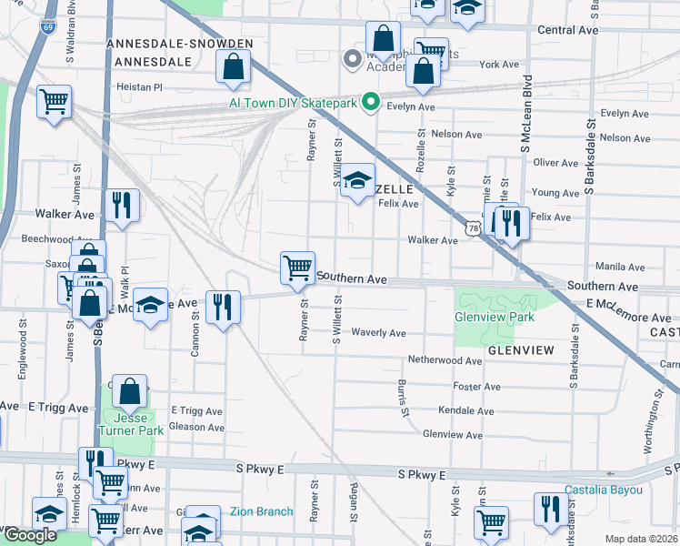 map of restaurants, bars, coffee shops, grocery stores, and more near 1074 South Willett Street in Memphis