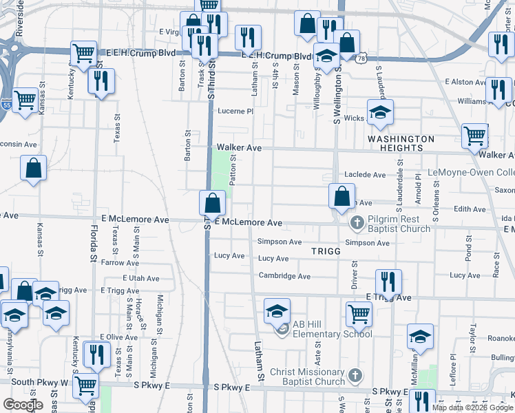 map of restaurants, bars, coffee shops, grocery stores, and more near 1134 Latham Street in Memphis