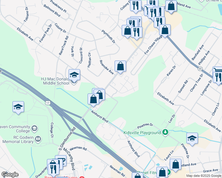map of restaurants, bars, coffee shops, grocery stores, and more near 100 Gurten Street in New Bern