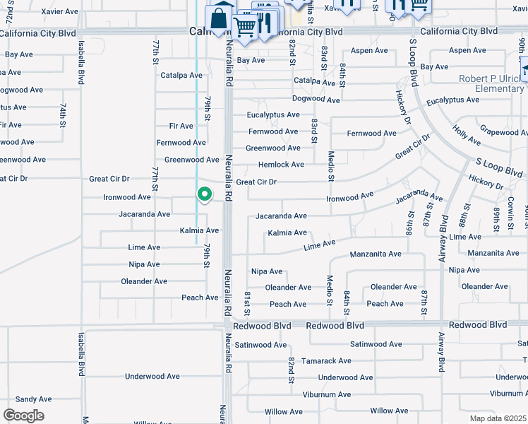 map of restaurants, bars, coffee shops, grocery stores, and more near 8137 Jacaranda Avenue in California City