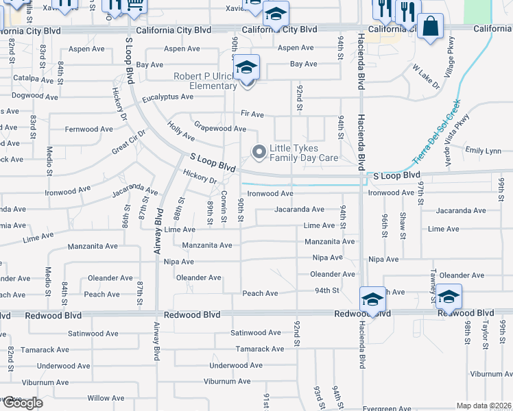 map of restaurants, bars, coffee shops, grocery stores, and more near Jacaranda Avenue in California City