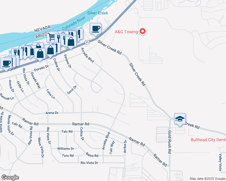 map of restaurants, bars, coffee shops, grocery stores, and more near 1852 Arcadia Bay in Bullhead City
