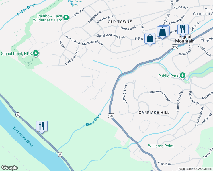 map of restaurants, bars, coffee shops, grocery stores, and more near 203 Mathes Lane in Signal Mountain