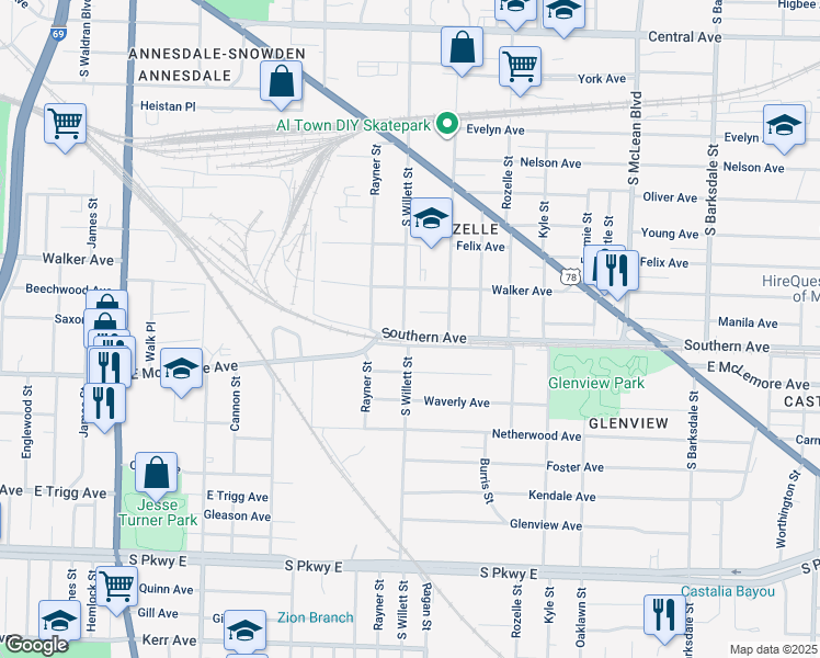 map of restaurants, bars, coffee shops, grocery stores, and more near 1074 South Willett Street in Memphis