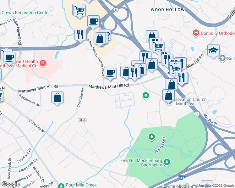 map of restaurants, bars, coffee shops, grocery stores, and more near in Matthews