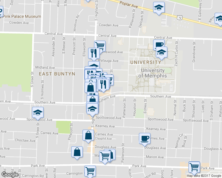 map of restaurants, bars, coffee shops, grocery stores, and more near Brister Street in Memphis