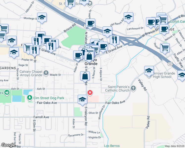 map of restaurants, bars, coffee shops, grocery stores, and more near 202 South Rena Street in Arroyo Grande