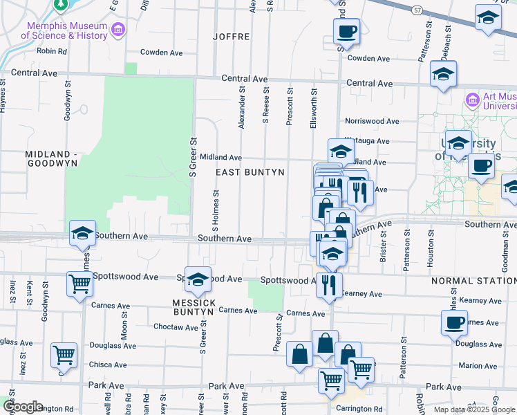 map of restaurants, bars, coffee shops, grocery stores, and more near 545 South Reese Street in Memphis