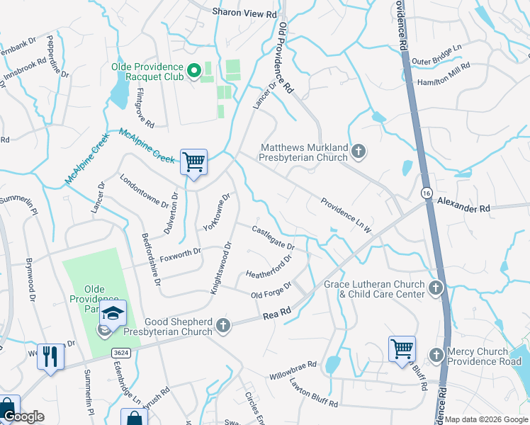 map of restaurants, bars, coffee shops, grocery stores, and more near 6708 Rugby Lane in Charlotte