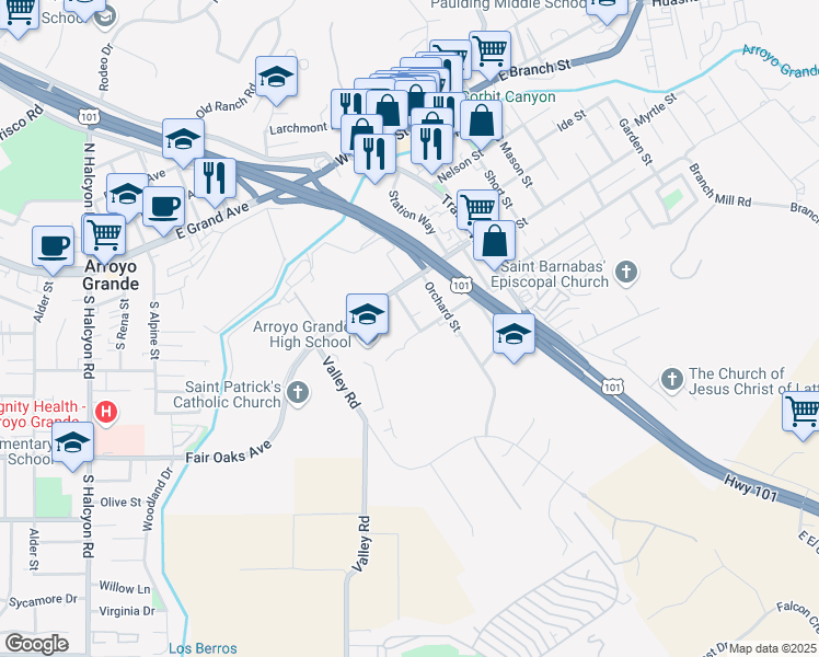 map of restaurants, bars, coffee shops, grocery stores, and more near 432 California Street in Arroyo Grande