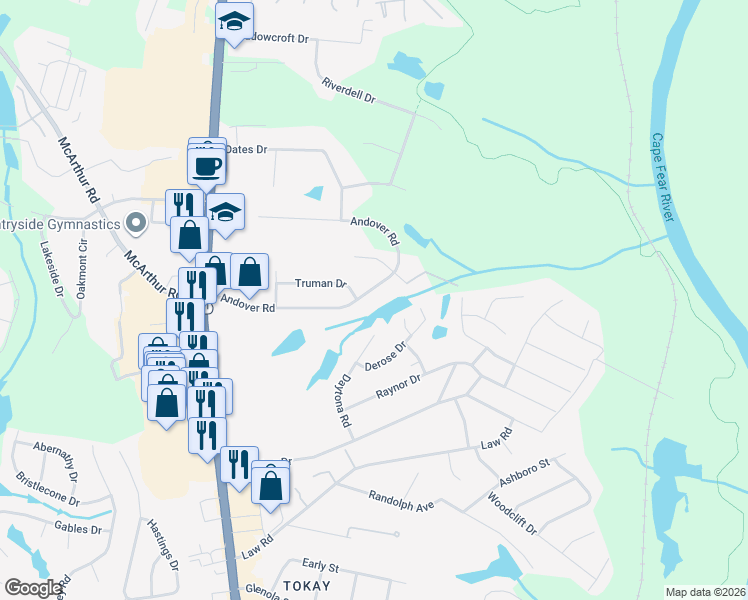 map of restaurants, bars, coffee shops, grocery stores, and more near 300-302 Andover Road in Fayetteville