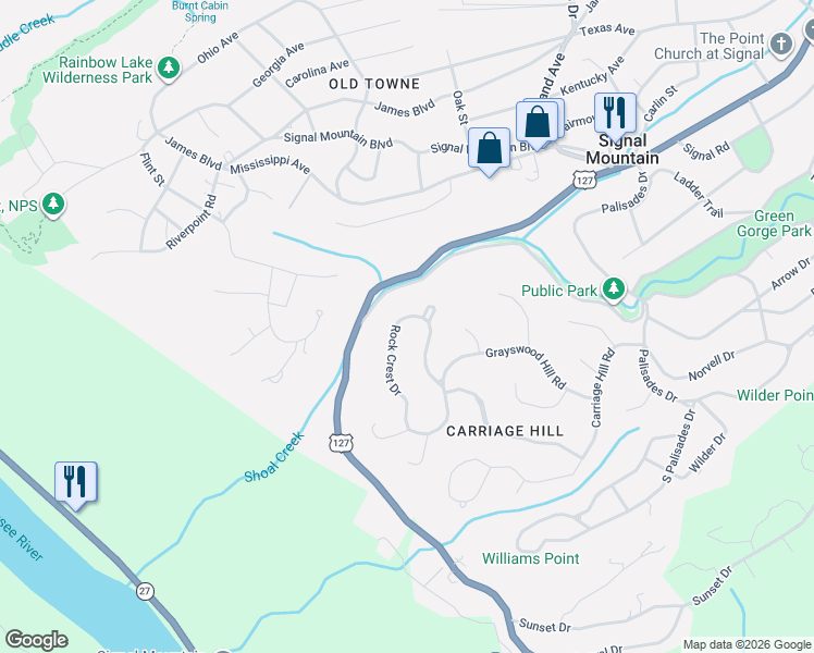 map of restaurants, bars, coffee shops, grocery stores, and more near 33 Rock Crest Drive in Signal Mountain