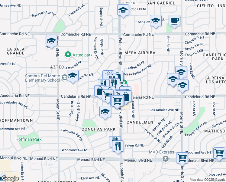 map of restaurants, bars, coffee shops, grocery stores, and more near 9515 Candelaria Road Northeast in Albuquerque