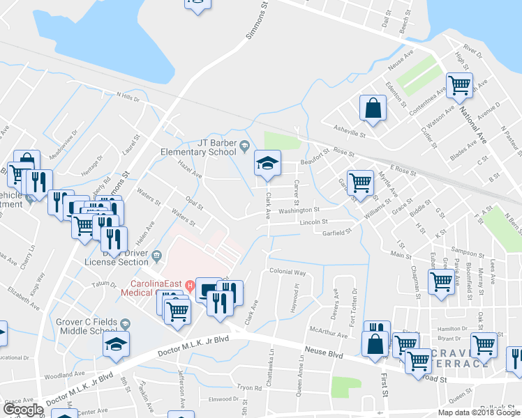 map of restaurants, bars, coffee shops, grocery stores, and more near 1704 Washington Street in New Bern