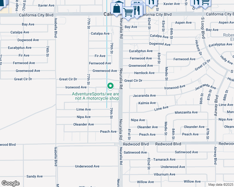 map of restaurants, bars, coffee shops, grocery stores, and more near 20401 Neuralia Road in California City