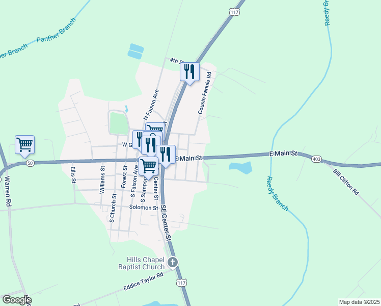 map of restaurants, bars, coffee shops, grocery stores, and more near 309 East Main Street in Mount Olive