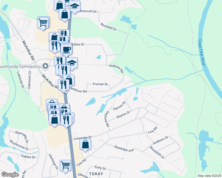map of restaurants, bars, coffee shops, grocery stores, and more near 300 Andover Road in Fayetteville