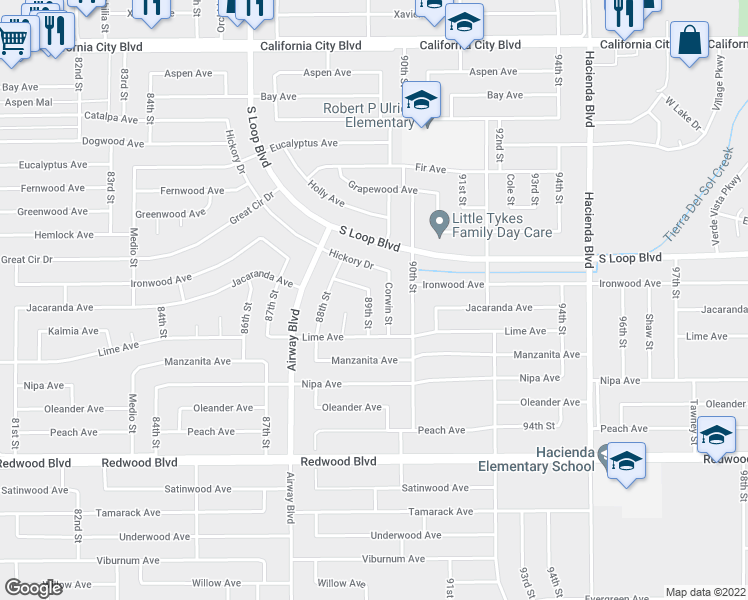 map of restaurants, bars, coffee shops, grocery stores, and more near 20348 89th Street in California City