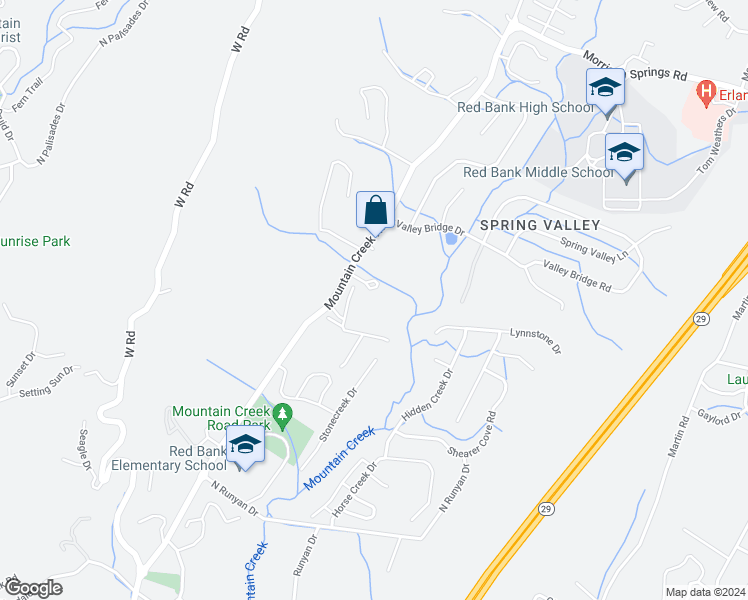 map of restaurants, bars, coffee shops, grocery stores, and more near 1164 Mountain Creek Road in Chattanooga