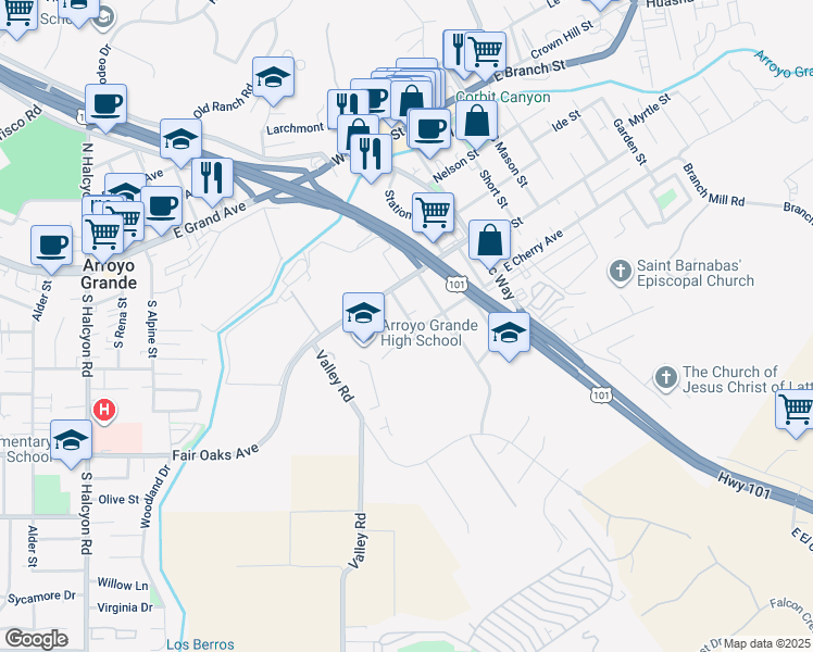 map of restaurants, bars, coffee shops, grocery stores, and more near 432 California Street in Arroyo Grande