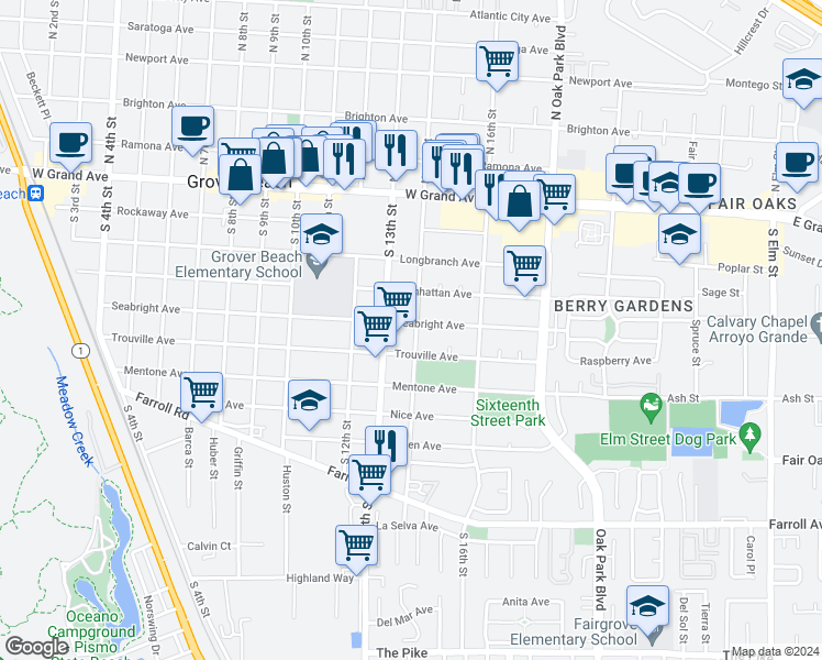 map of restaurants, bars, coffee shops, grocery stores, and more near 1353 Trouville Avenue in Grover Beach