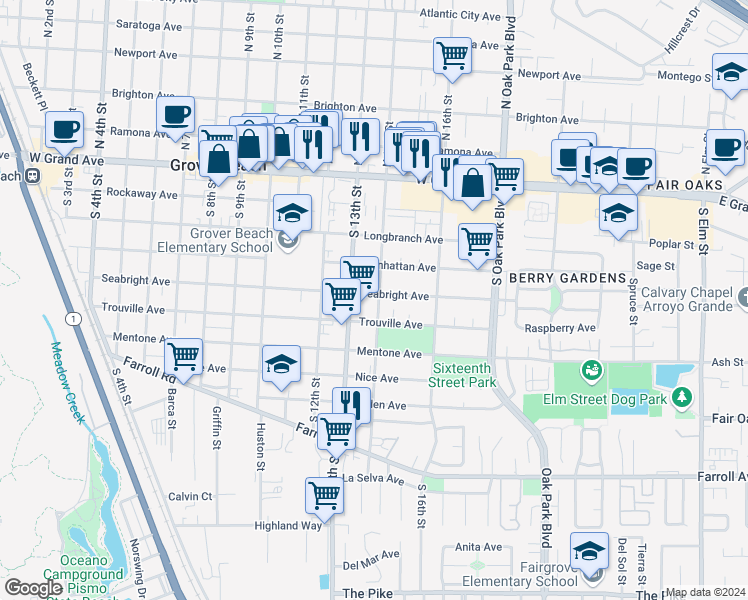map of restaurants, bars, coffee shops, grocery stores, and more near 506 South 14th Street in Grover Beach