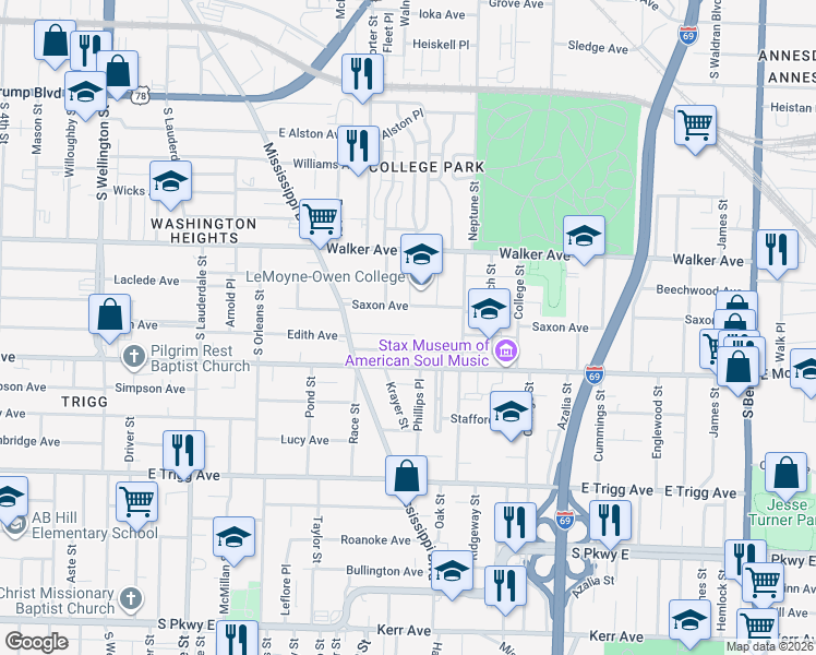 map of restaurants, bars, coffee shops, grocery stores, and more near 832 Ida Place in Memphis