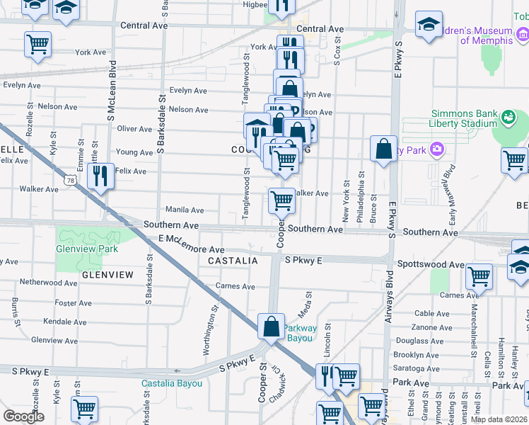 map of restaurants, bars, coffee shops, grocery stores, and more near 1058 Fleece Place in Memphis