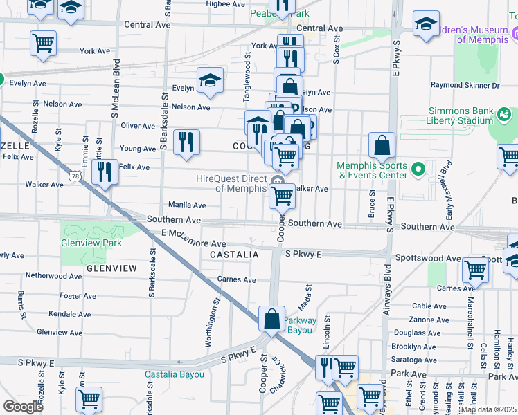 map of restaurants, bars, coffee shops, grocery stores, and more near 1053 Fleece Place in Memphis