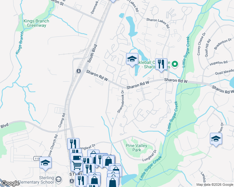 map of restaurants, bars, coffee shops, grocery stores, and more near 9111 Sharonbrook Drive in Charlotte