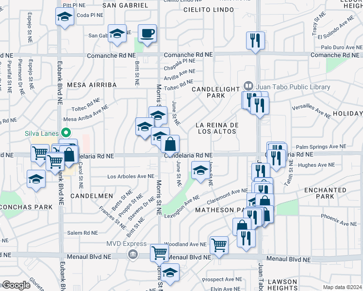 map of restaurants, bars, coffee shops, grocery stores, and more near 3100 Lori Place Northeast in Albuquerque