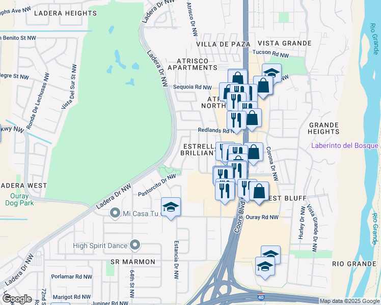 map of restaurants, bars, coffee shops, grocery stores, and more near 2823 Sol De Vida Northwest in Albuquerque