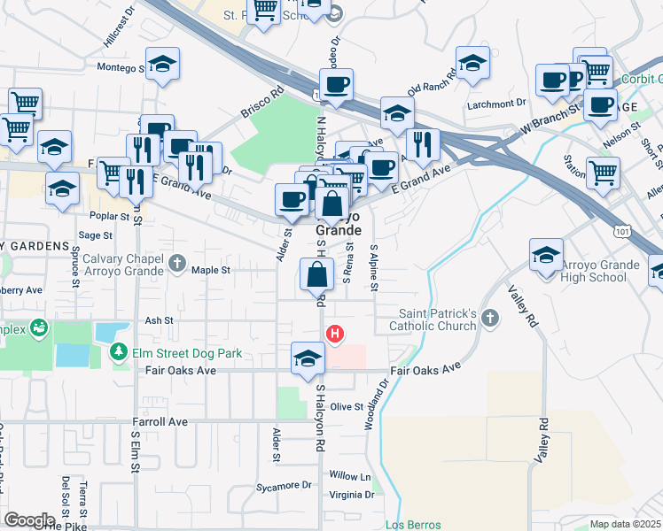 map of restaurants, bars, coffee shops, grocery stores, and more near 207 South Halcyon Road in Arroyo Grande