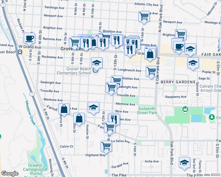 map of restaurants, bars, coffee shops, grocery stores, and more near 555 South 12th Street in Grover Beach