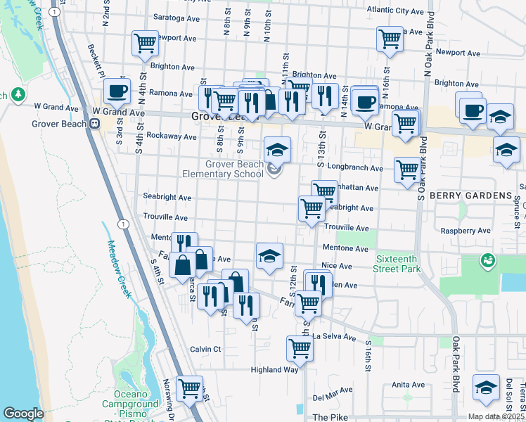 map of restaurants, bars, coffee shops, grocery stores, and more near 590 South 10th Street in Grover Beach
