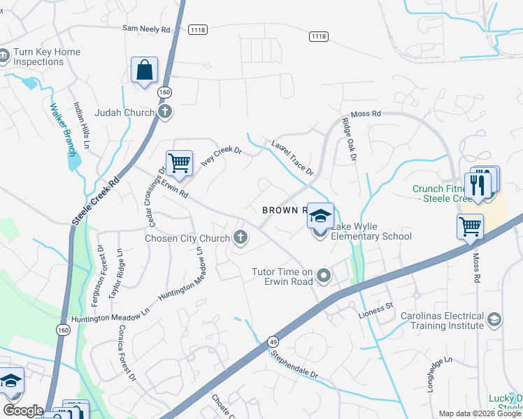 map of restaurants, bars, coffee shops, grocery stores, and more near 13907 Glendevon Court in Charlotte