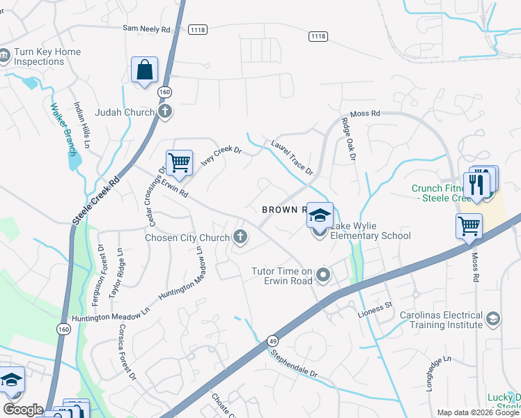 map of restaurants, bars, coffee shops, grocery stores, and more near 13907 Glendevon Court in Charlotte