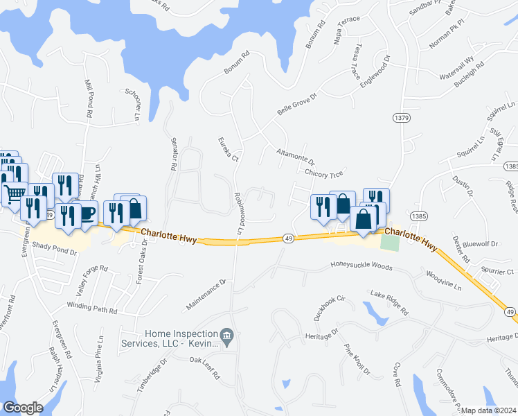 map of restaurants, bars, coffee shops, grocery stores, and more near 11 Hamiltons Bay Court in Lake Wylie