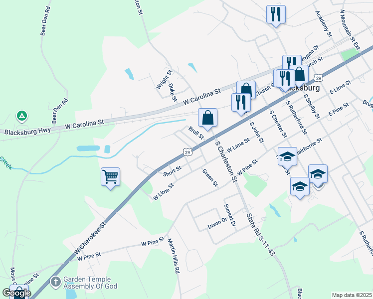 map of restaurants, bars, coffee shops, grocery stores, and more near 607 West Cherokee Street in Blacksburg