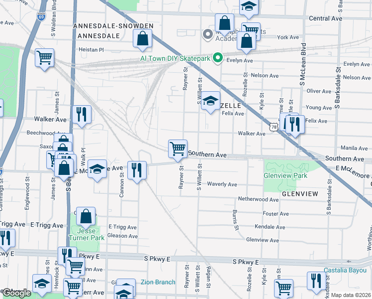 map of restaurants, bars, coffee shops, grocery stores, and more near 1072 Rayner Street in Memphis