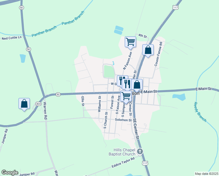 map of restaurants, bars, coffee shops, grocery stores, and more near 408 West Main Street in Faison