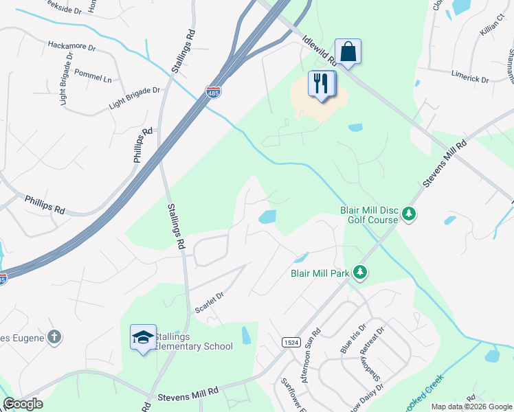 map of restaurants, bars, coffee shops, grocery stores, and more near 3004 Stevens Schultz Lane in Matthews