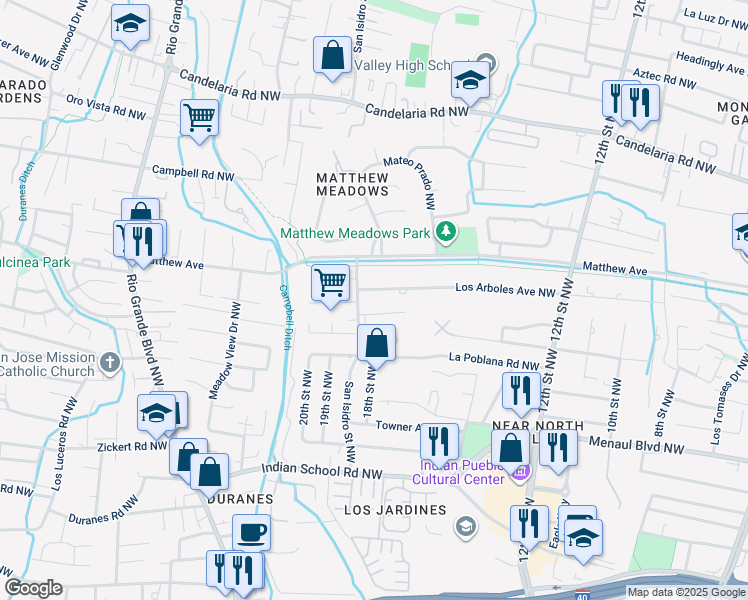 map of restaurants, bars, coffee shops, grocery stores, and more near 1518 Los Arboles Avenue Northwest in Albuquerque