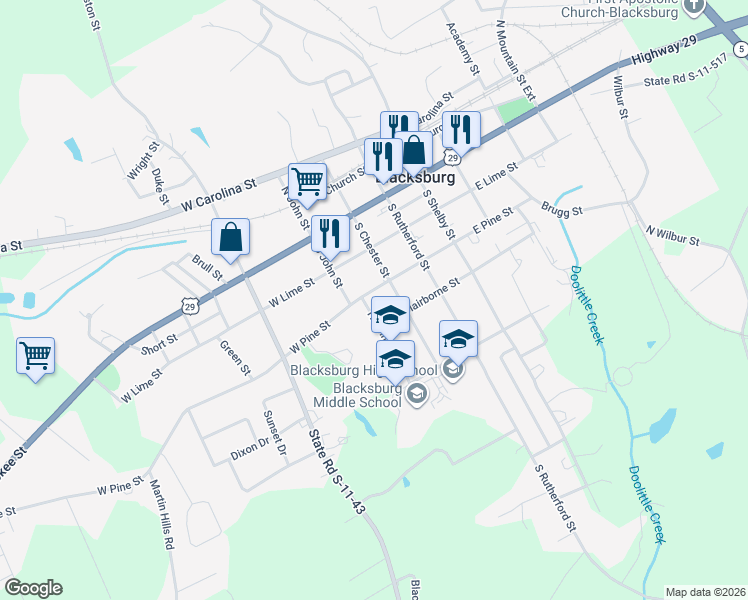 map of restaurants, bars, coffee shops, grocery stores, and more near 307 West Pine Street in Blacksburg