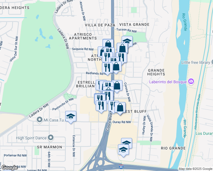 map of restaurants, bars, coffee shops, grocery stores, and more near 2925 Coors Boulevard Northwest in Albuquerque