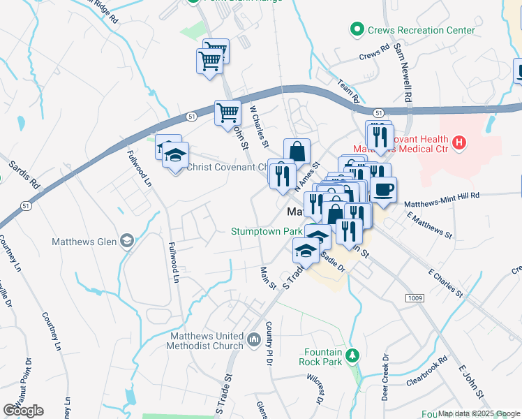 map of restaurants, bars, coffee shops, grocery stores, and more near 524 Main Street in Matthews