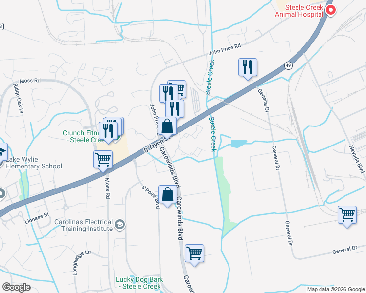 map of restaurants, bars, coffee shops, grocery stores, and more near 13301 Crescent Springs Drive in Charlotte
