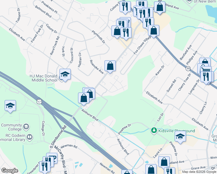map of restaurants, bars, coffee shops, grocery stores, and more near 100 Gurten Street in New Bern