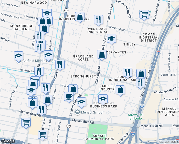 map of restaurants, bars, coffee shops, grocery stores, and more near 3008 Arno Street Northeast in Albuquerque