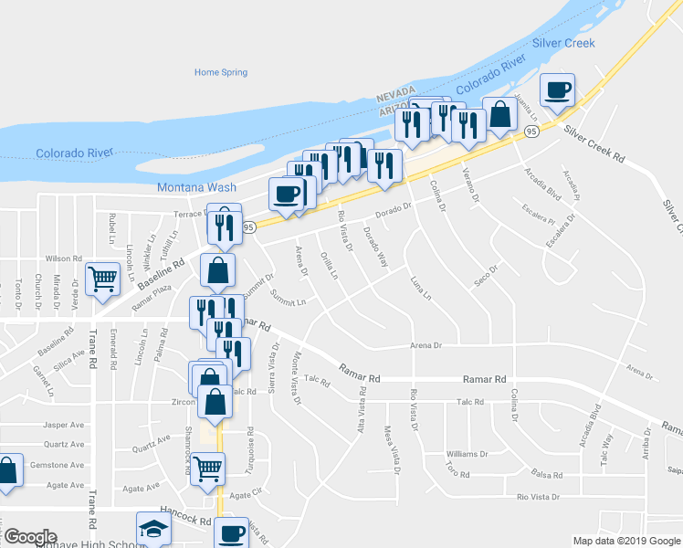 map of restaurants, bars, coffee shops, grocery stores, and more near 1468 Orilla Lane in Bullhead City